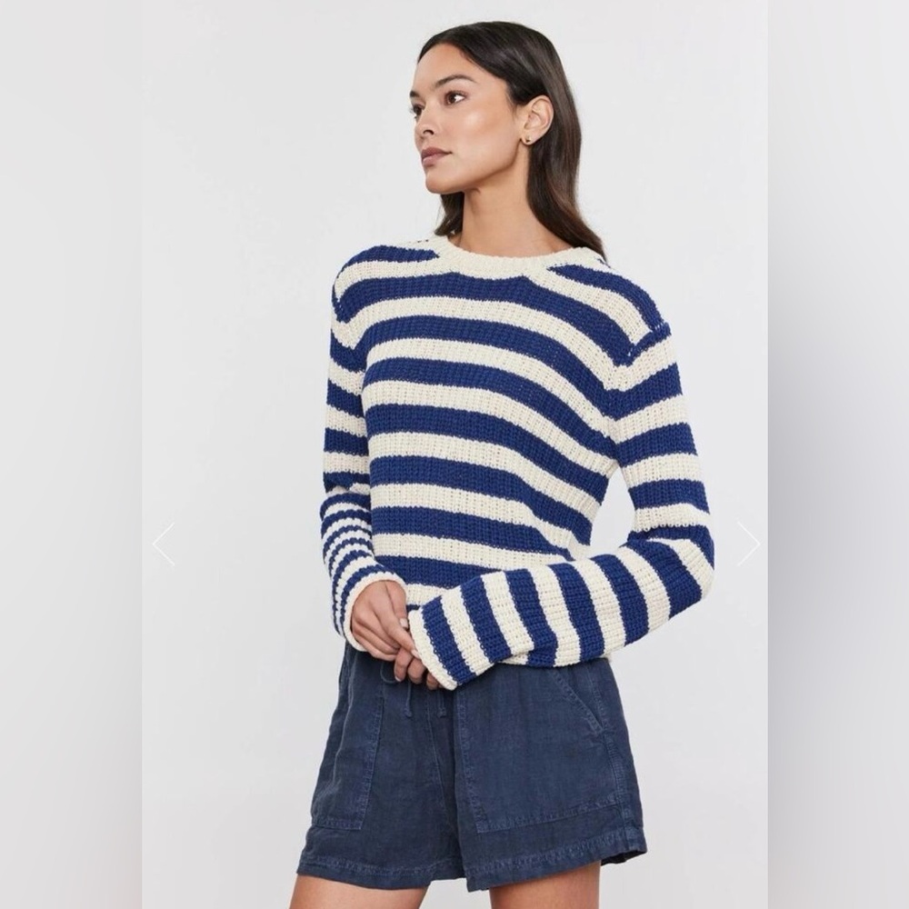 Velvet by Graham & Spencer Small Navy Blue and Ivory Stripe Sweater - Picture 2 of 15
